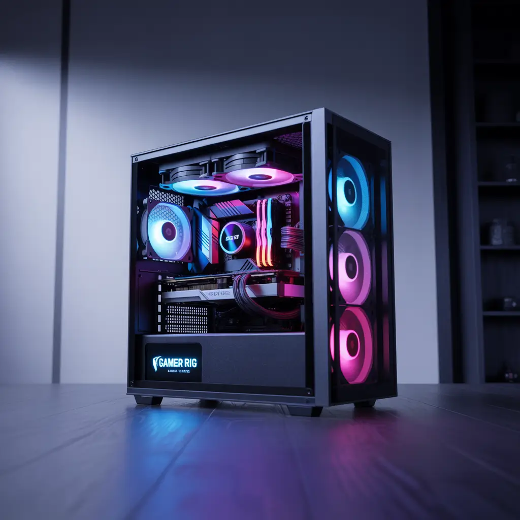 Close-up of a high-end graphics card with neon lights